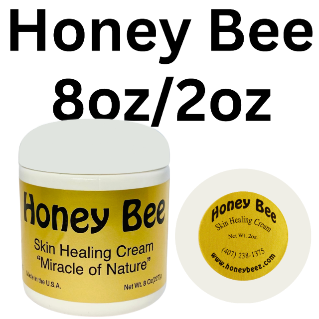 Honey Bee Skin Healing Cream 8oz and 2oz jar and a smaller round container on a clear background.